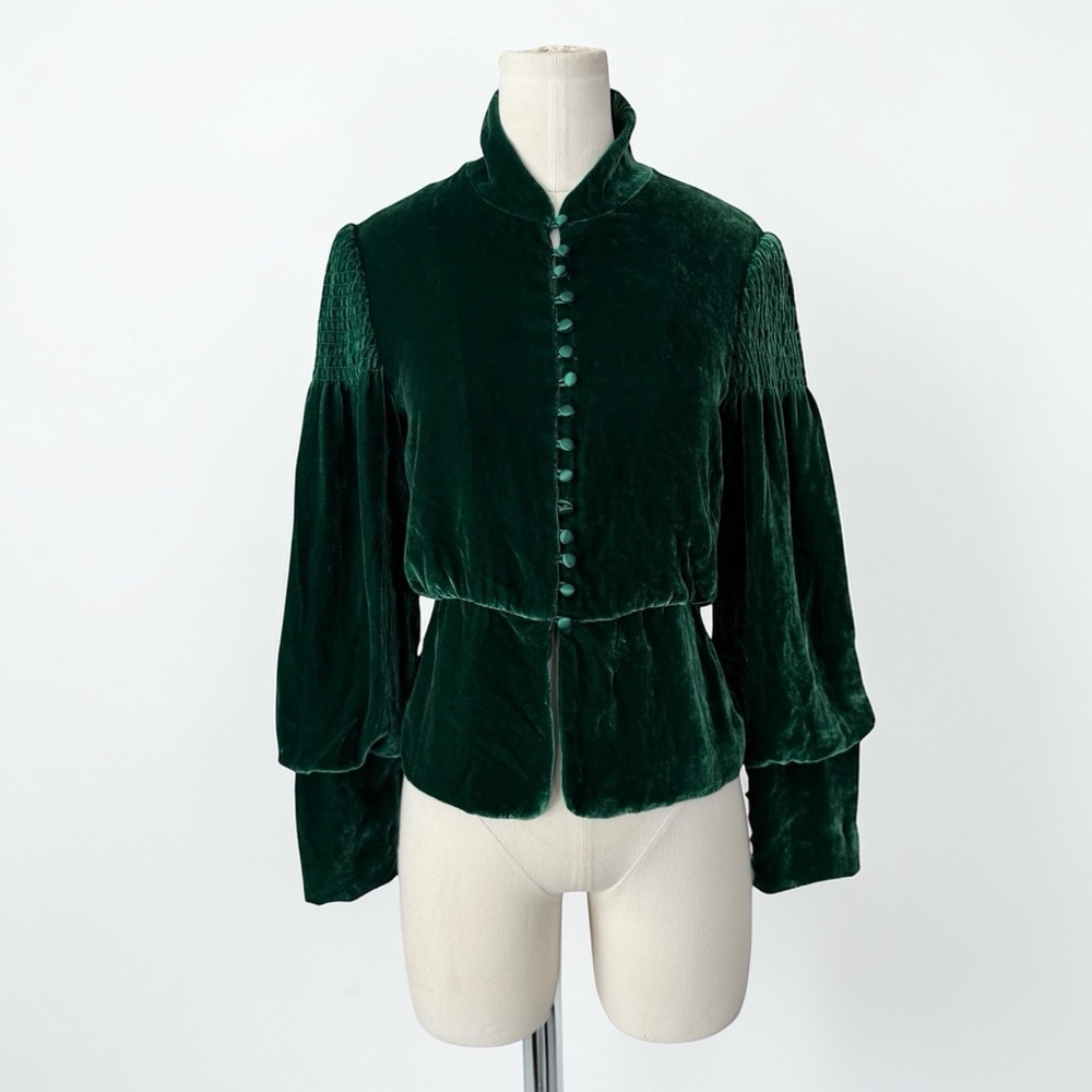 BCBG Max Azria XS Emerald Green Velvet Blouse Victorian High Neck Button Front